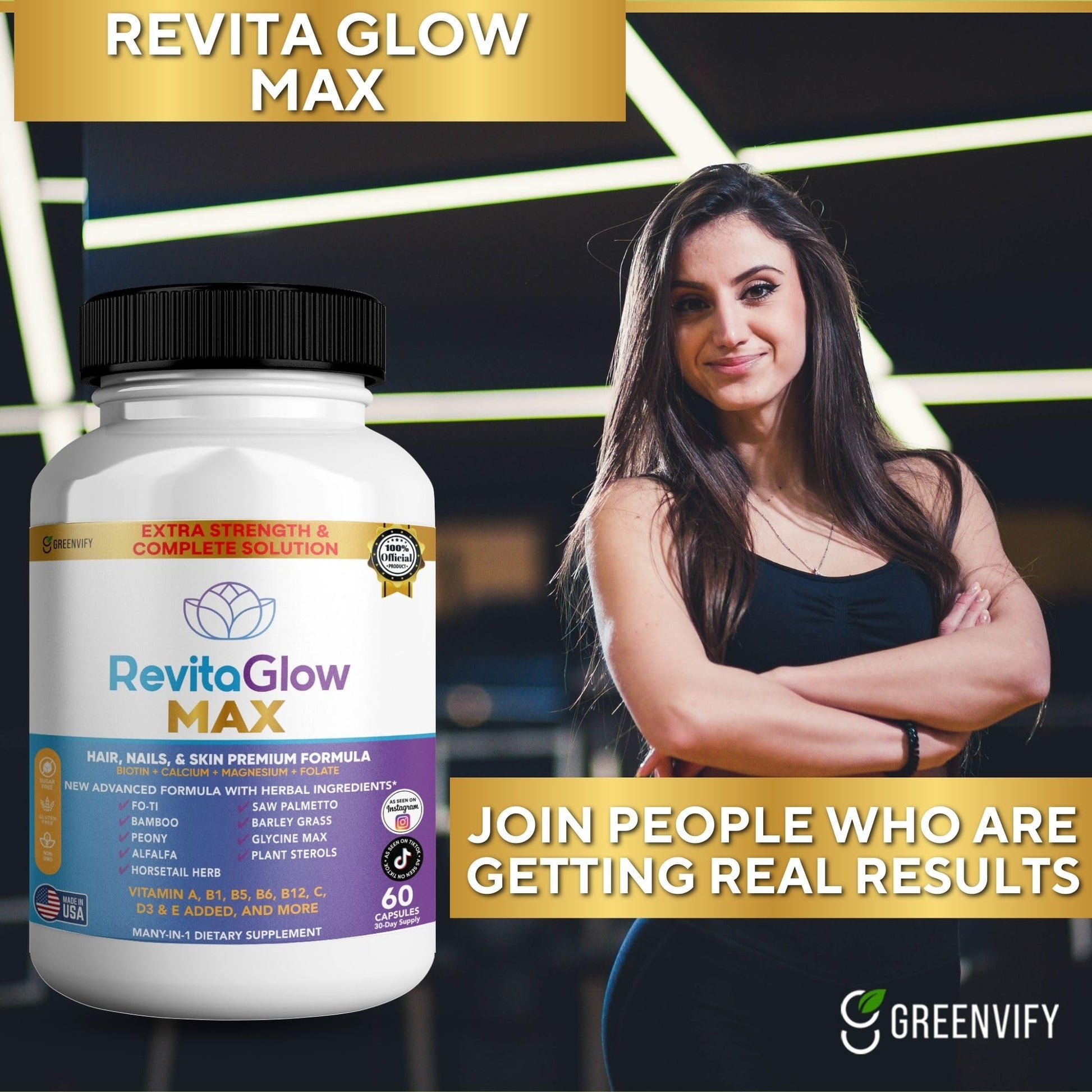 GREENVIFY RevitaGlow Max Hair, Nails & Skin Premium Formula, 60 Capsules, 30-Day Supply, with Biotin, Vitamins A, B1, B5, B6, B12, C, D3, E (1) GREENVIFYBuy Supplements Australia