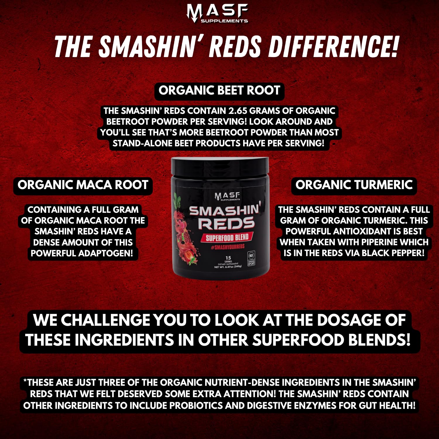 MASF Smashin' Reds Organic Superfood Supplements - 15 Servings - NSF Sport, Super Reds for Digestive Health, Energy, Endurance, Beet Root, Maca, Turmeric, Ginger, Acai, Nitric Oxide Production MASFBuy Supplements Australia