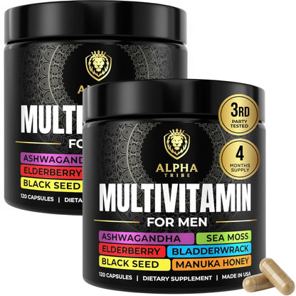 Alpha Tribe Multivitamin for Men with Sea Moss, Black Seed Oil, Ashwagandha, Turmeric, Bladderwrack, Burdock, Vitamin C, Elderberry, Manuka | Daily Vitamins & Minerals Supplement Capsules - 240 Count Alpha TribeBuy Supplements Australia