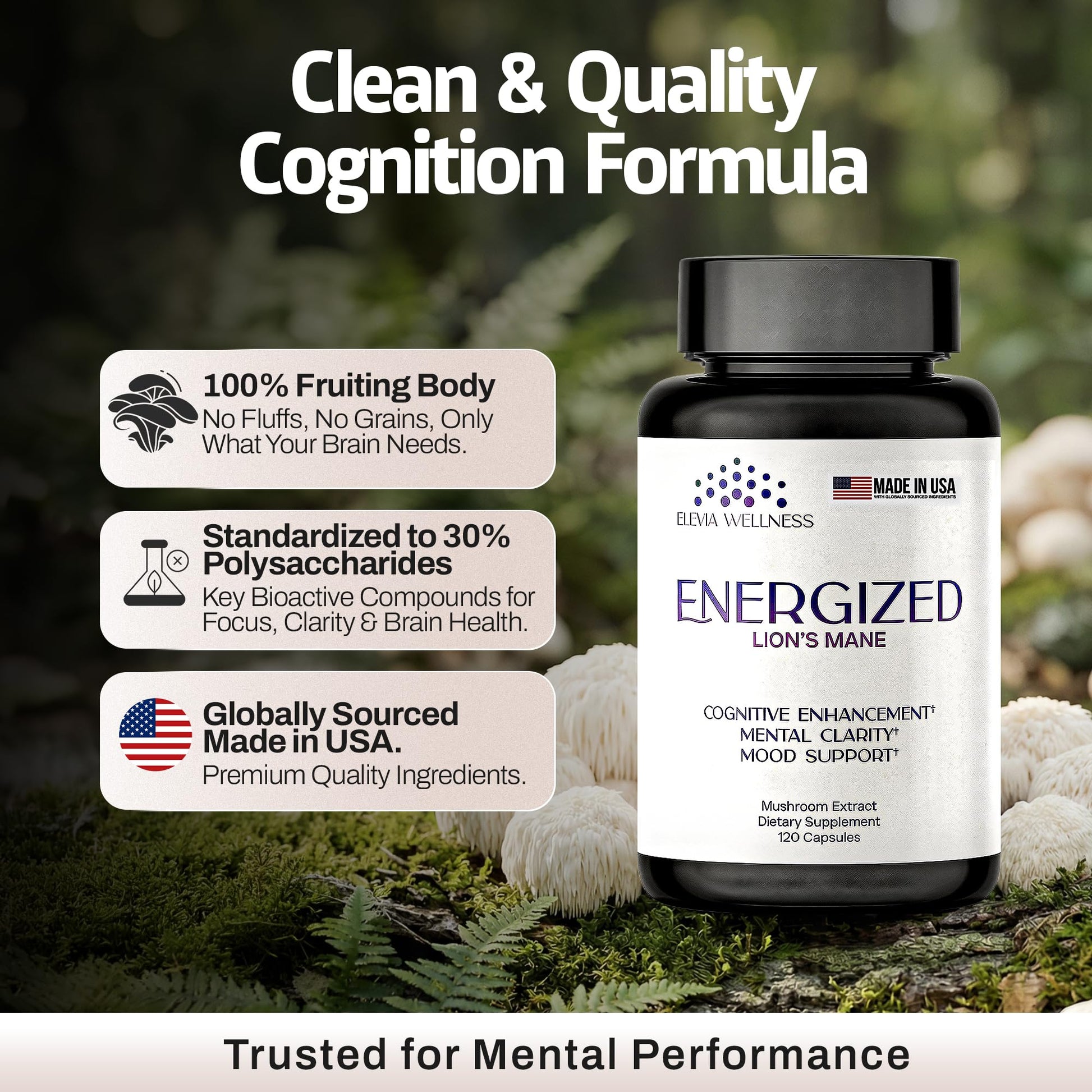 Energized Lions Mane Supplement Capsules (120ct),Brain Supplements for Memory and Focus, Nootropic for Brain Fog Relief Made in USA,30% Polysaccharides,Natural Brain Health Support Elevia WellnessBuy Supplements Australia