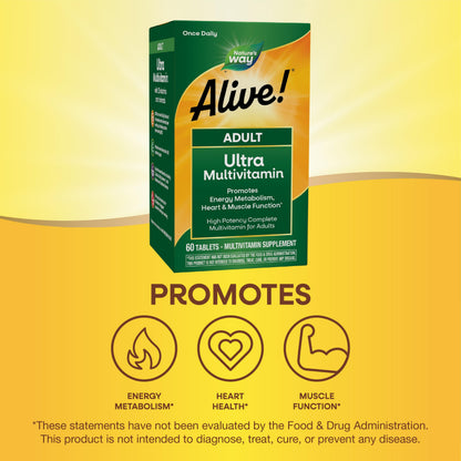 Nature's Way Alive! Adult Ultra Multivitamins, Promotes Energy Metabolism, Heart & Muscle Function*, with B-Vitamins Including Methylated B12, Gluten Free, 60 Tablets Nature's WayBuy Supplements Australia