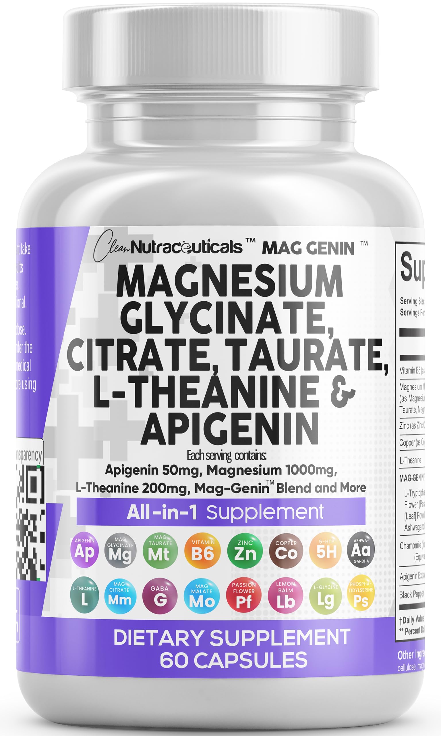 Clean Nutraceuticals Magnesium Glycinate Complex 1000mg with L-Theanine 200mg Apigenin 50mg Citrate Taurate Supplement - 5-HTP GABA Passion Flower Lemon Balm L-Glycine Phosphatidylserine - 60 Count Clean NutraceuticalsBuy Supplements Australia
