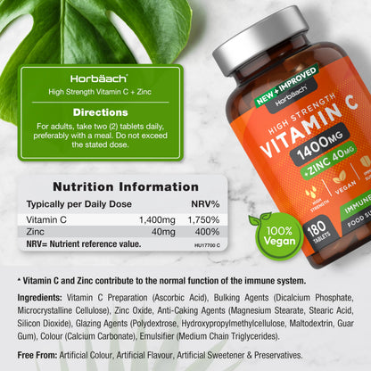 Vitamin C and Zinc | 180 Vegan Tablets | High Strength Vitamin C 1400mg and Zinc 40mg HorbäachBuy Supplements Australia