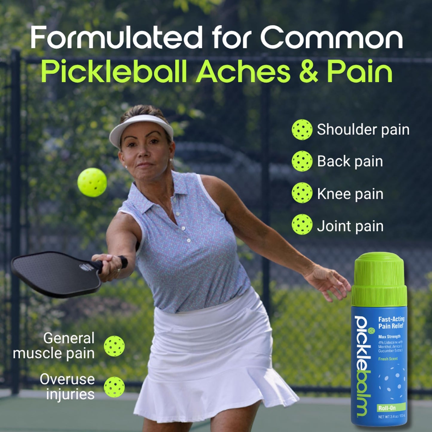 PickleBalm Pickleball In-Game Muscle Pain Relief Roll-On with 4% Lidocaine, Arnica, Menthol, Cucumber Seed Extract for Shoulders, Knees, Wrists, and More, 3.4oz Roll-On Applicator PickleBalmBuy Supplements Australia