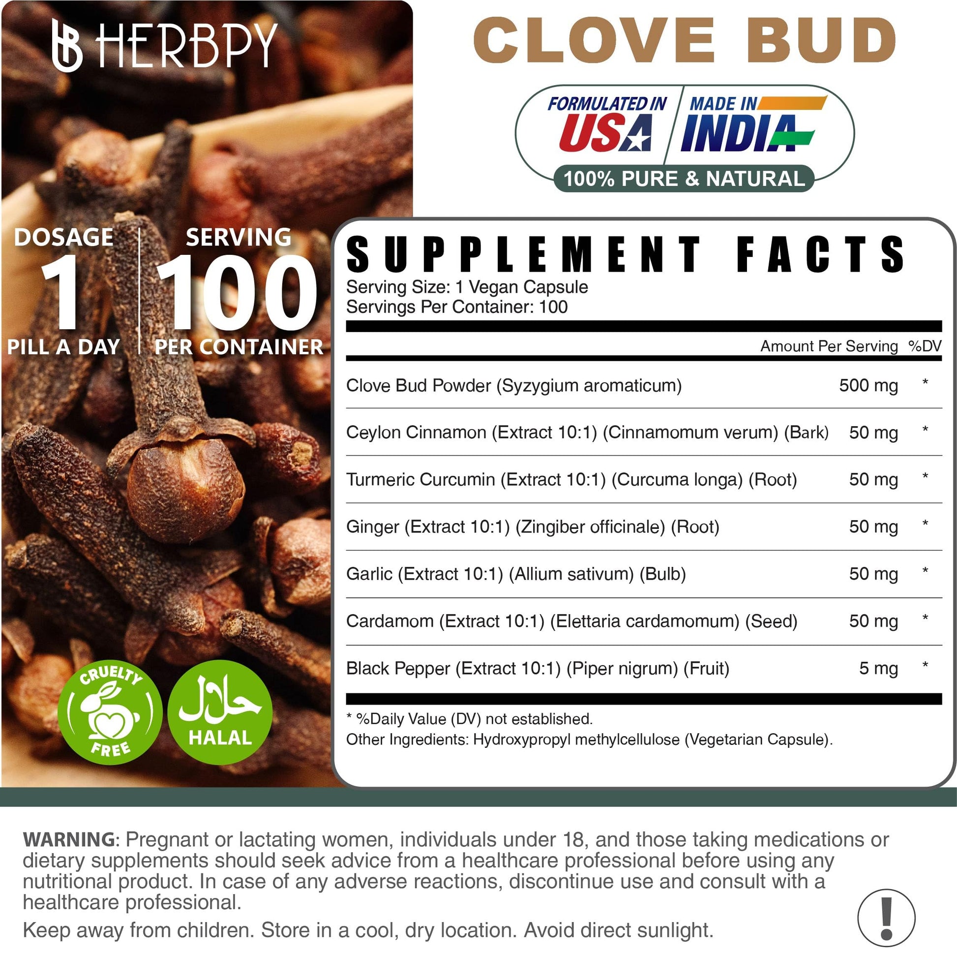 Herbpy 7in1 Clove Supplement Rich in Vitamins & Minerals Supports Digestion, Immune & Heart Health with Cinnamon, Turmeric, Ginger, Cardamom, Garlic & Black Pepper - 100 Vegan Capsules HerbpyBuy Supplements Australia