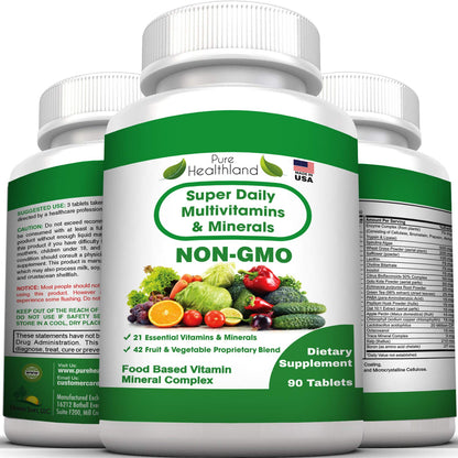 Pure Heathland Non-GMO Super Daily Multivitamin for Adults – 42 Natural Fruits & Vegetables Blend with 21 Essential Vitamins & Minerals – Vegan Coating Tablets, 90 Count, Made in USA Pure HealthlandBuy Supplements Australia
