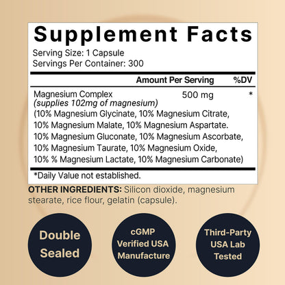 Magnesium Complex Supplement 500mg, 300 Capsules | 10 Active Forms – Glycinate NatureBellBuy Supplements Australia