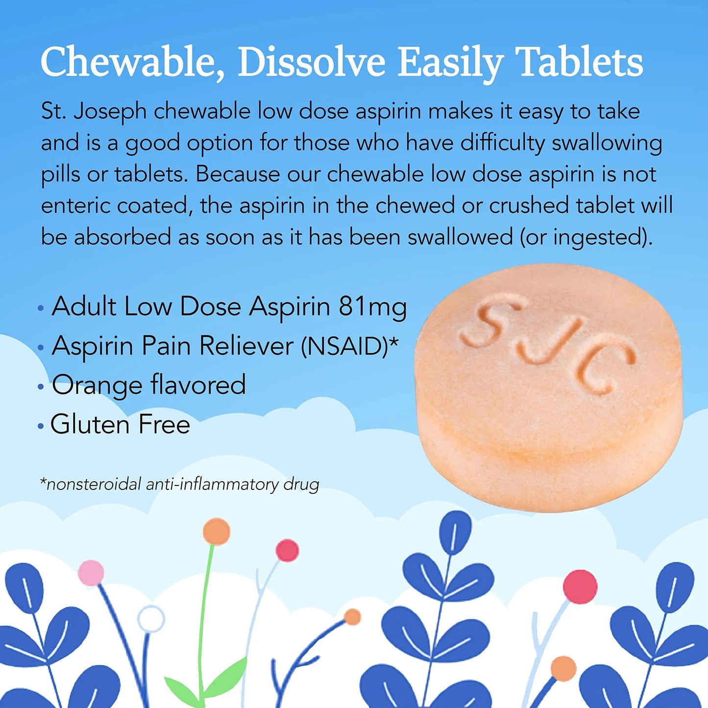St. Joseph Aspirin Pain Reliever (NSAID) 81mg, Chewable Orange Tablets, Adult Low Dose Regimen, 36 ct St. JosephBuy Supplements Australia