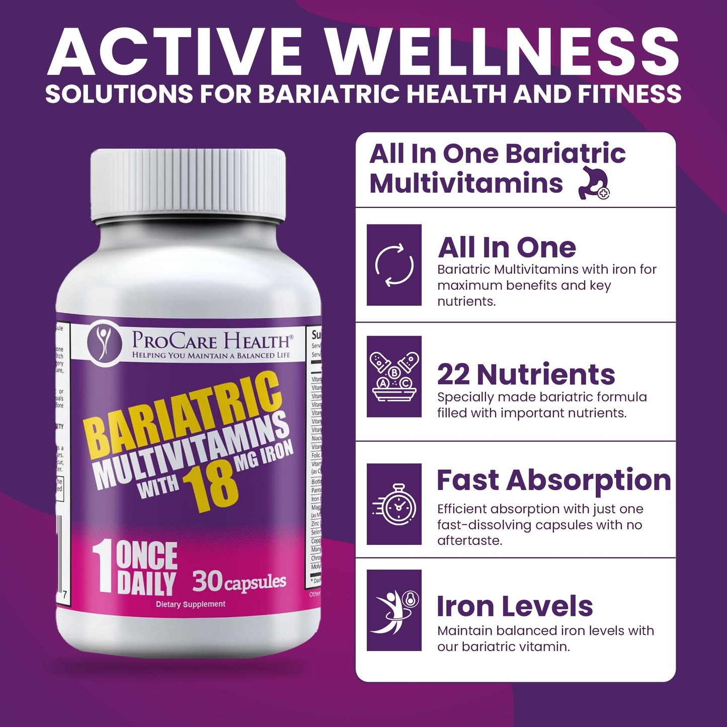 ProCare Health Bariatric Multivitamin with Iron 18mg (30 Easy to Swallow Capsules) - Post Op Bariatric Vitamins ProCare HealthBuy Supplements Australia