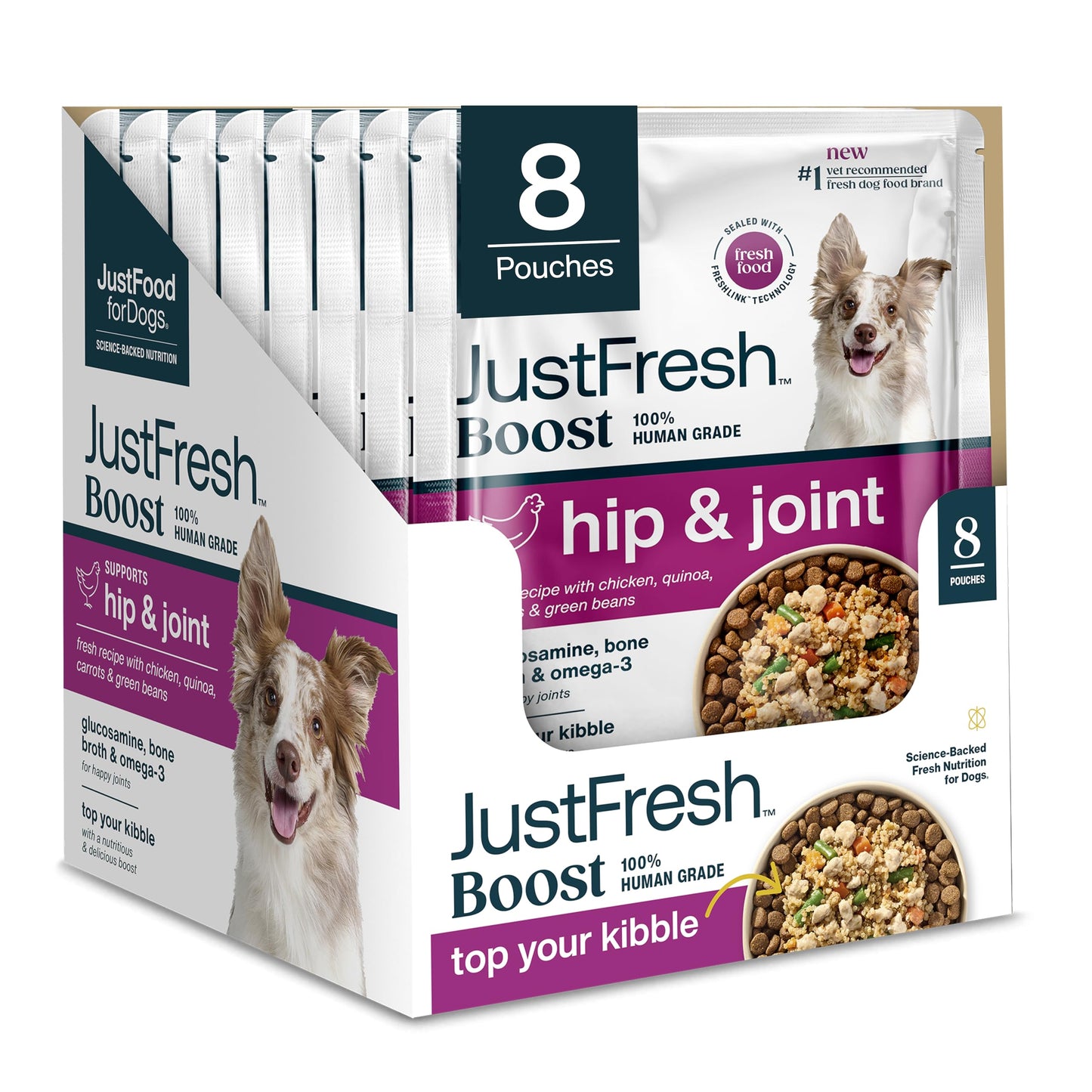 JustFoodForDogs JustFresh Boosts Hip & Joint Support Dog Food Toppers with Glucosamine to Support Hip Mobility & Joint Flexibility, Human-Grade Fresh Pet Meal Booster, 8 oz Pouches - 8 Pack JustFoodForDogsBuy Supplements Australia