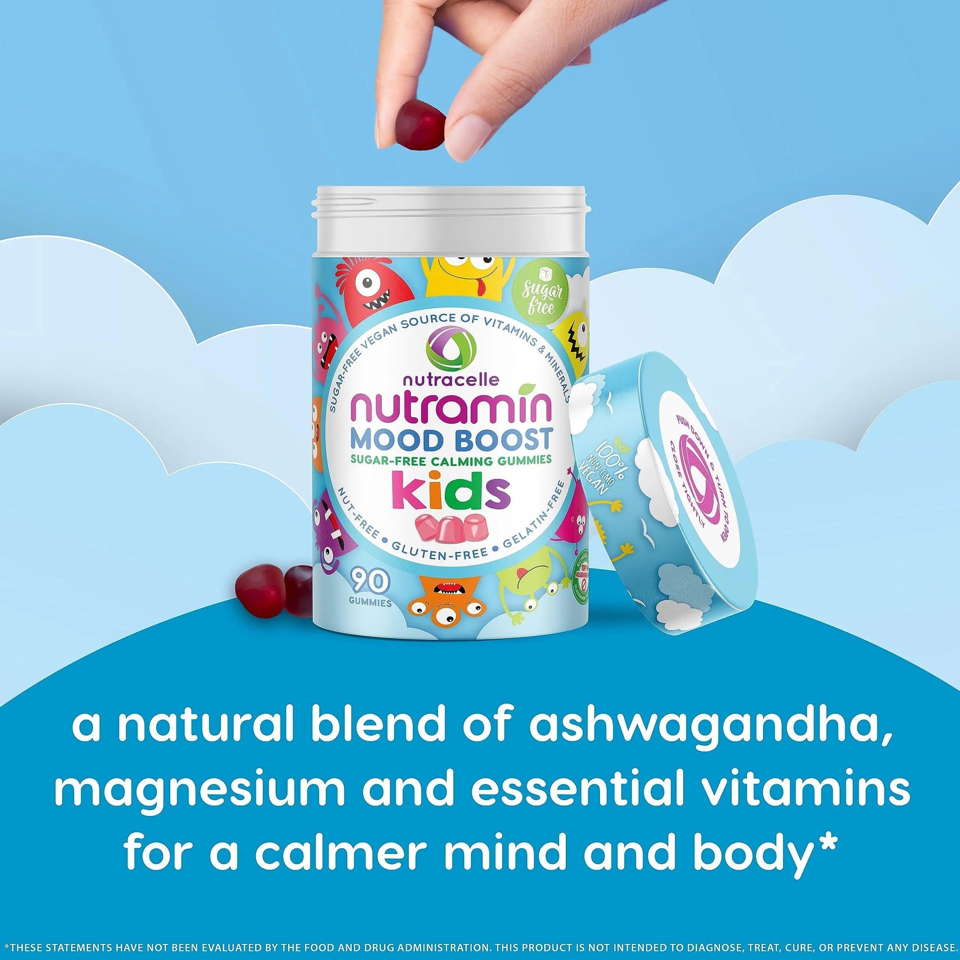NUTRAMIN Kids Mood Boost Vegan Vitamin Gummy: Calming Magnesium Citrate Supplement for Children with Ashwagandha & Vitamin B Complex to Relax & Focus Nutracelle