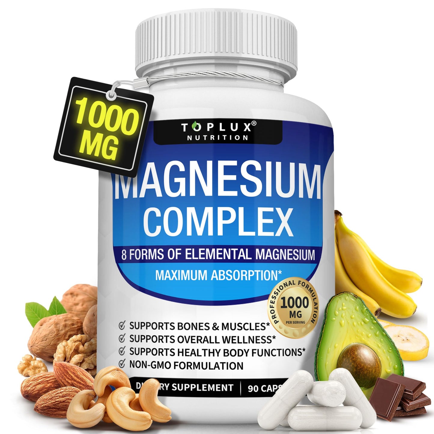 Magnesium Complex Supplement 8 Elemental 1000mg - Magnesium Glycinate, Citrate, Malate, Taurate, Chelated for Easy Absorption for Bones