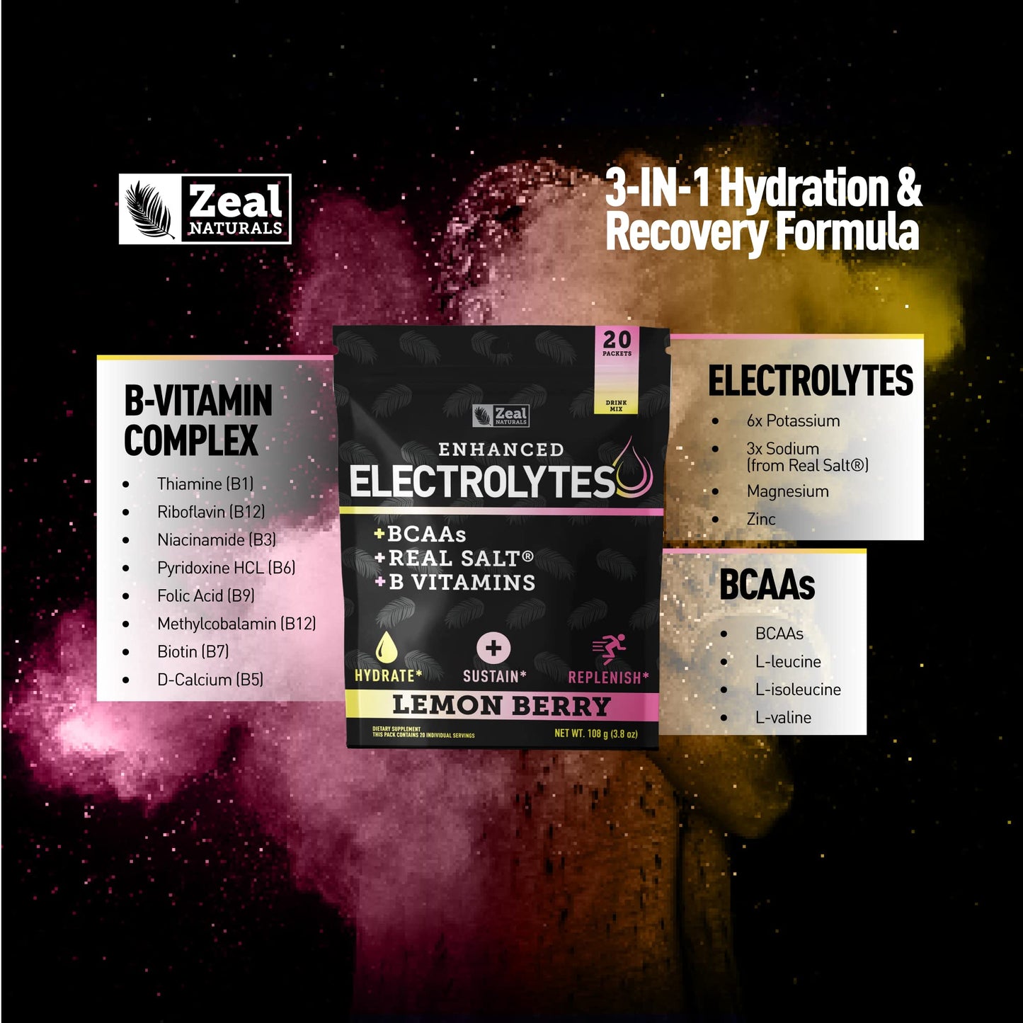 Enhanced Powder Stick Packs (Lemon Berry - 20 Packets) Sugar Free + BCAA B-Vitamins Zeal NaturalsBuy Supplements Australia
