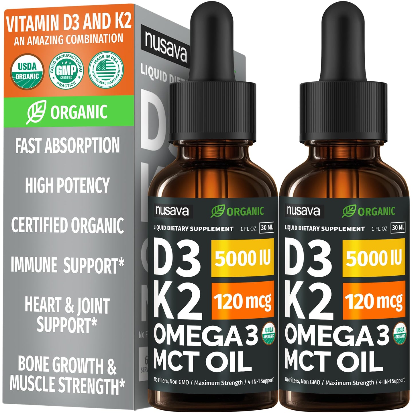 (2 Pack) Organic Vitamin D3 K2 Drops with MCT Oil Omega 3, 5000 IU, Maximum Strength Vitamin D Liquid, No Fillers, Non-GMO Liquid D3 for Faster Absorption and Immune Support (Unflavored, 2 Fl Oz) NUSAVABuy Supplements Australia