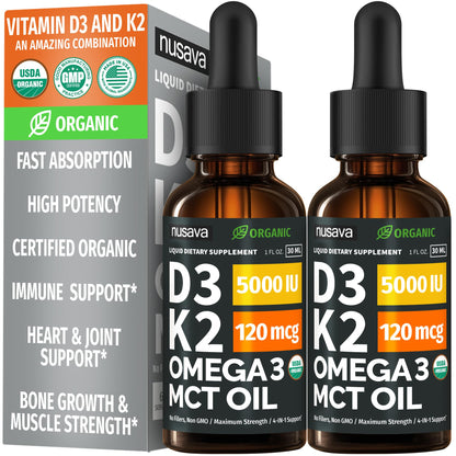 (2 Pack) Organic Vitamin D3 K2 Drops with MCT Oil Omega 3, 5000 IU, Maximum Strength Vitamin D Liquid, No Fillers, Non-GMO Liquid D3 for Faster Absorption and Immune Support (Unflavored, 2 Fl Oz) NUSAVABuy Supplements Australia