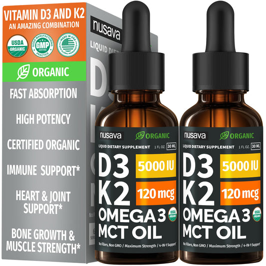 (2 Pack) Organic Vitamin D3 K2 Drops with MCT Oil Omega 3, 5000 IU, Maximum Strength Vitamin D Liquid, No Fillers, Non-GMO Liquid D3 for Faster Absorption and Immune Support (Unflavored, 2 Fl Oz) NUSAVABuy Supplements Australia