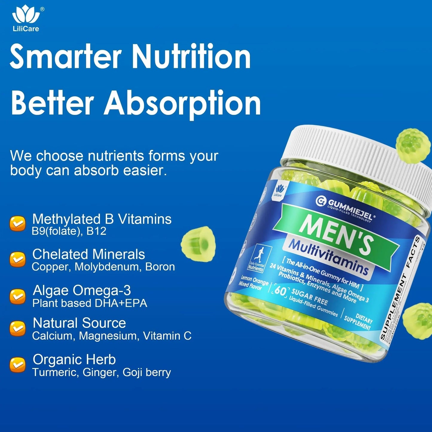 Mens Multivitamins Gummies, Methylated Multivitamin for Men, B Complex, Minerals, Vegan Omega 3, Probiotic, Enzyme LILICAREBuy Supplements Australia