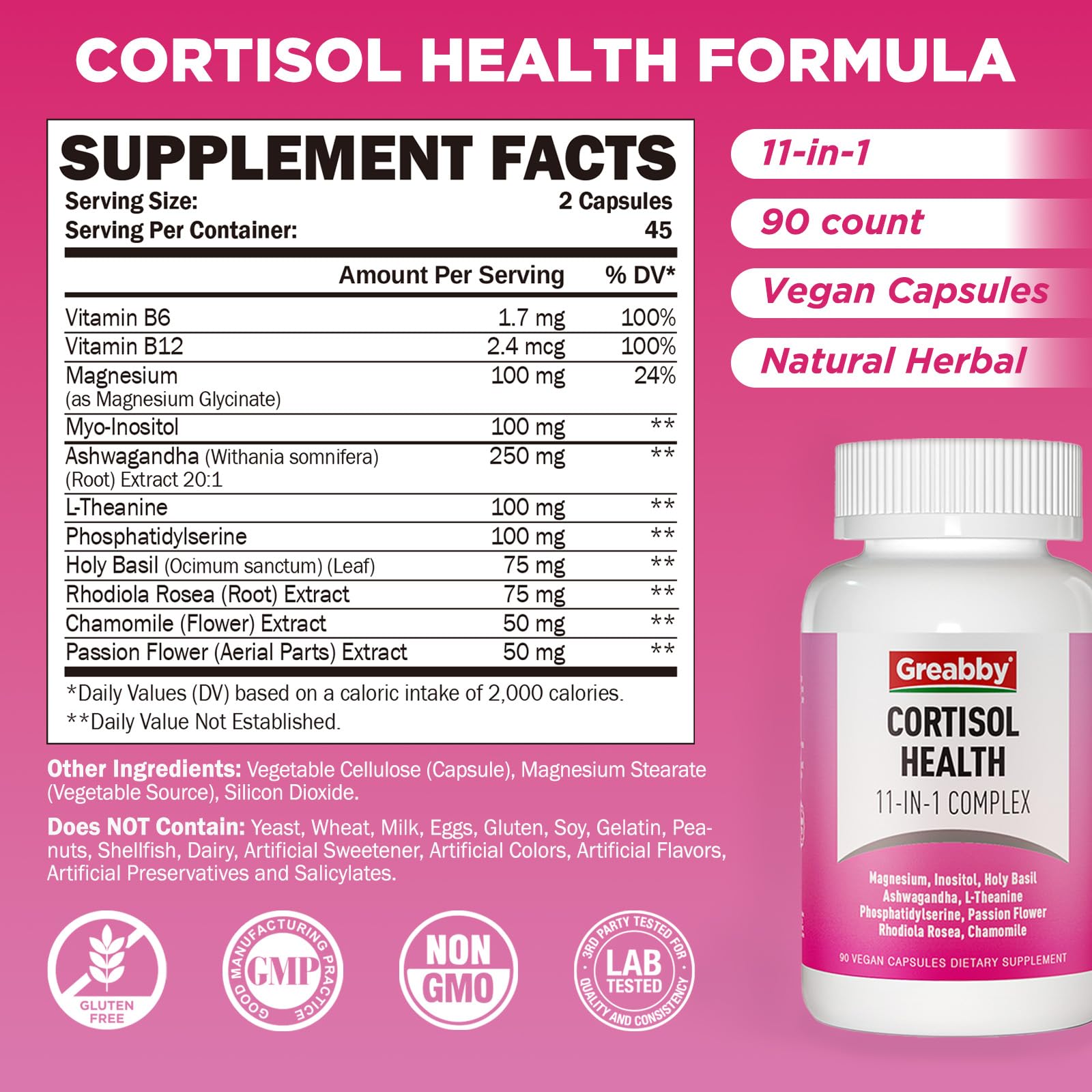 GREABBY Cortisol Supplements for Women, 11-in-1 Formula with Ashwagandha, L-Theanine, Phosphatidylserine and More, Lower Cortisol Health Support, 90 Vegan Capsules GREABBYBuy Supplements Australia