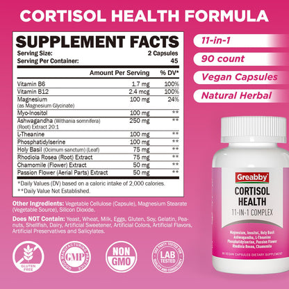 GREABBY Cortisol Supplements for Women, 11-in-1 Formula with Ashwagandha, L-Theanine, Phosphatidylserine and More, Lower Cortisol Health Support, 90 Vegan Capsules GREABBYBuy Supplements Australia