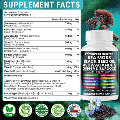 PrimalPeak Naturals Sea Moss Black Seed Oil Ashwagandha Ginger Burdock Bladderwrack Turmeric & Vitamin C Vitamin D3 with ACV Elderberry Chlorophyll Dandelion Yellow Dock Vegan Capsules - 60 Count PrimalPeak NaturalsBuy Supplements Australia
