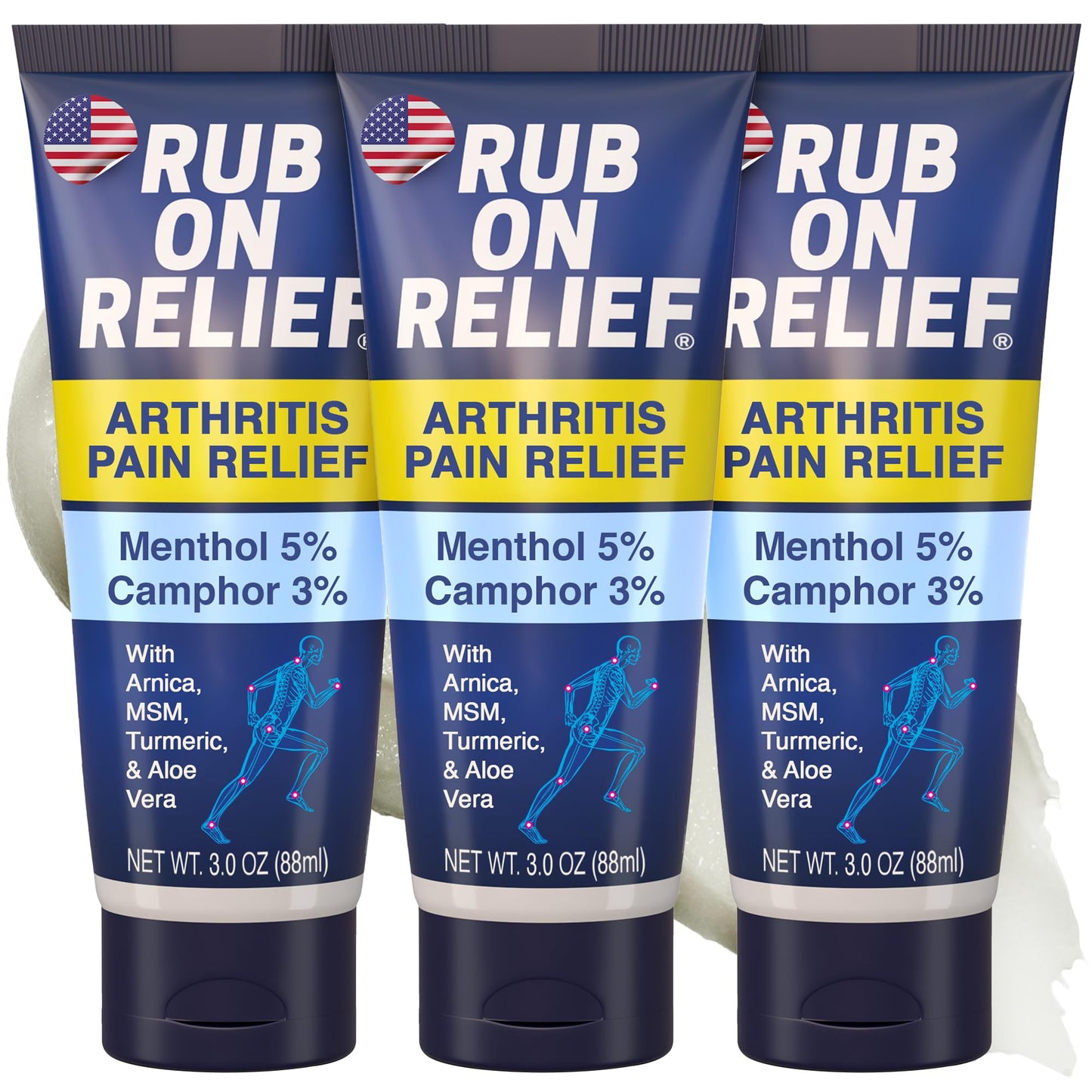 RUB ON RELIEF Arthritis Pain Relief Cream – 10-in-1 Non-Greasy Joints Pain Cream for Knees, Back, Neck, Hands, & Muscle Aches with Menthol, Camphor, Arnica, MSM & Turmeric Up to 8 Hours, 3oz (3 Pack) RUB ON RELIEFBuy Supplements Australia