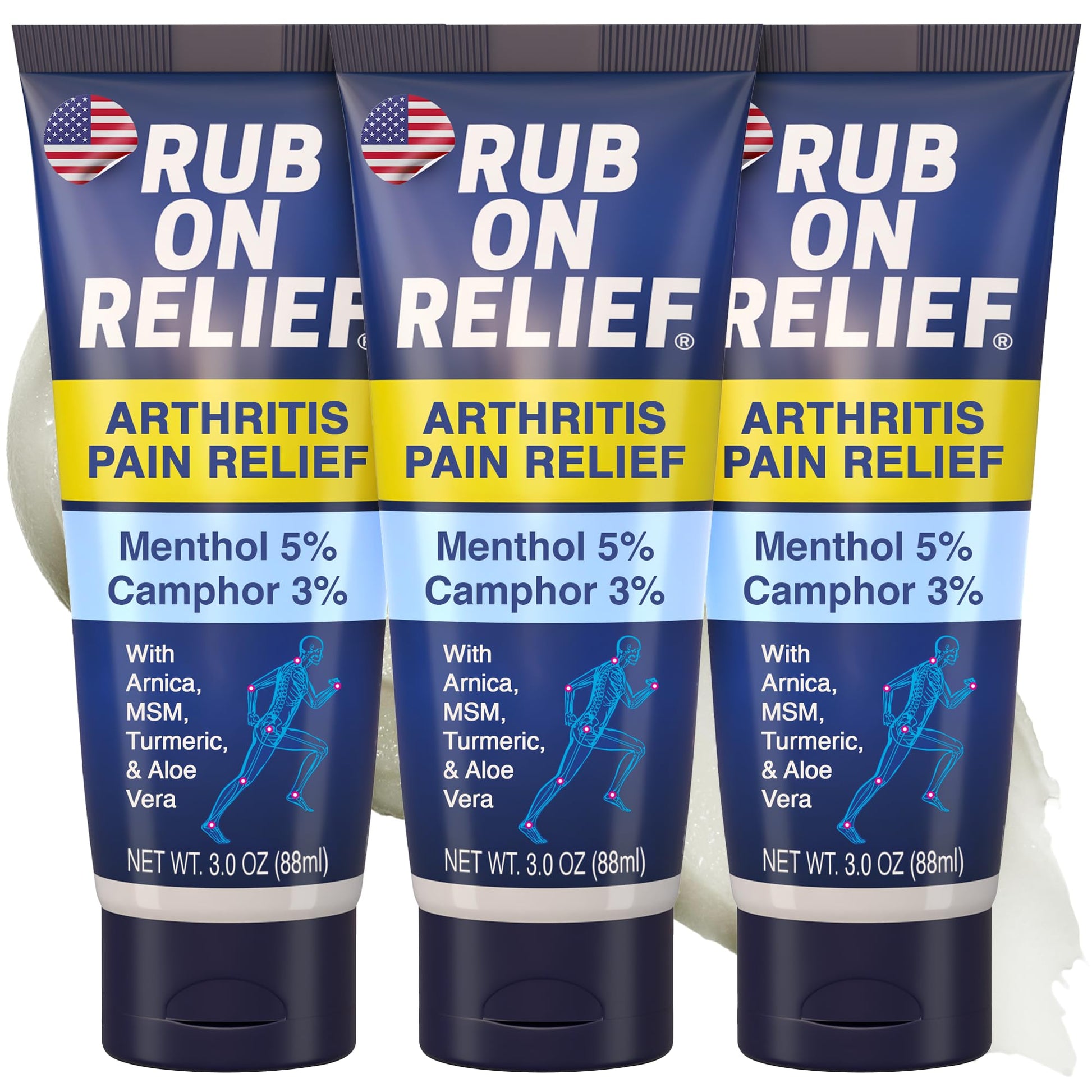 RUB ON RELIEF Arthritis Pain Relief Cream – 10-in-1 Non-Greasy Joints Pain Cream for Knees, Back, Neck, Hands, & Muscle Aches with Menthol, Camphor, Arnica, MSM & Turmeric Up to 8 Hours, 3oz (3 Pack) RUB ON RELIEFBuy Supplements Australia