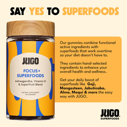 JUGO Focus + SUPERFOODS Ashwagandha Gummies with Vitamin D3 & Superfruit Blend, Vegetarian-Friendly Focus Supplement with Adaptogens, Gelatin-Free and Gluten-Free, Non-GMO, Made in USA, 40 Coun JUGO LLCBuy Supplements Australia