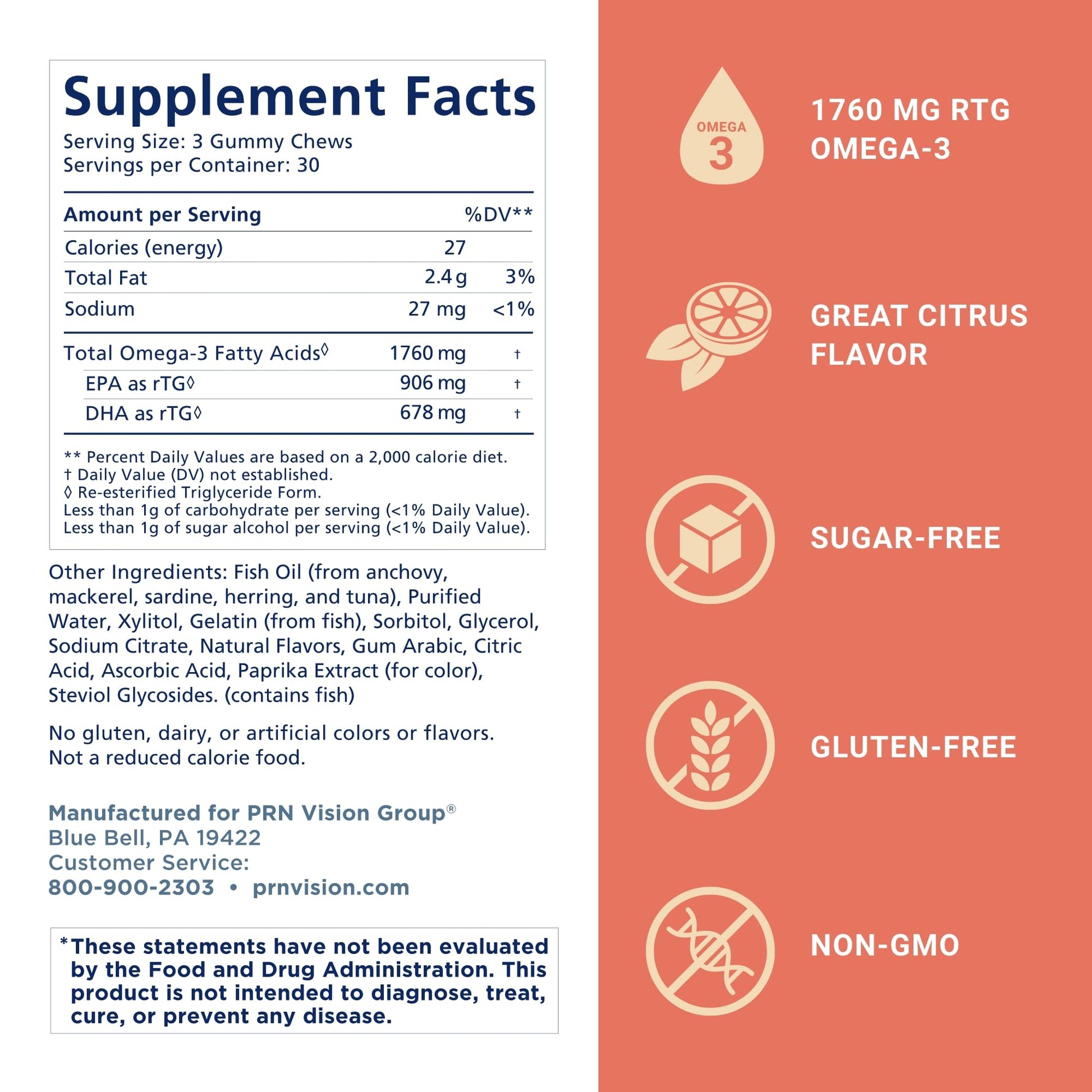 Omega 3 Gummy Chewables - 90 Gel Chews, 30-Day Supply, Citrus Flavor - 1760mg Ultra-Pure rTG Omega 3 for Eye, Heart, Brain, Joint & Immune Health PRN Physician Recommended NutriceuticalsBuy Supplements Australia