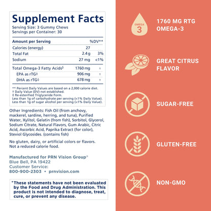 Omega 3 Gummy Chewables - 90 Gel Chews, 30-Day Supply, Citrus Flavor - 1760mg Ultra-Pure rTG Omega 3 for Eye, Heart, Brain, Joint & Immune Health PRN Physician Recommended NutriceuticalsBuy Supplements Australia