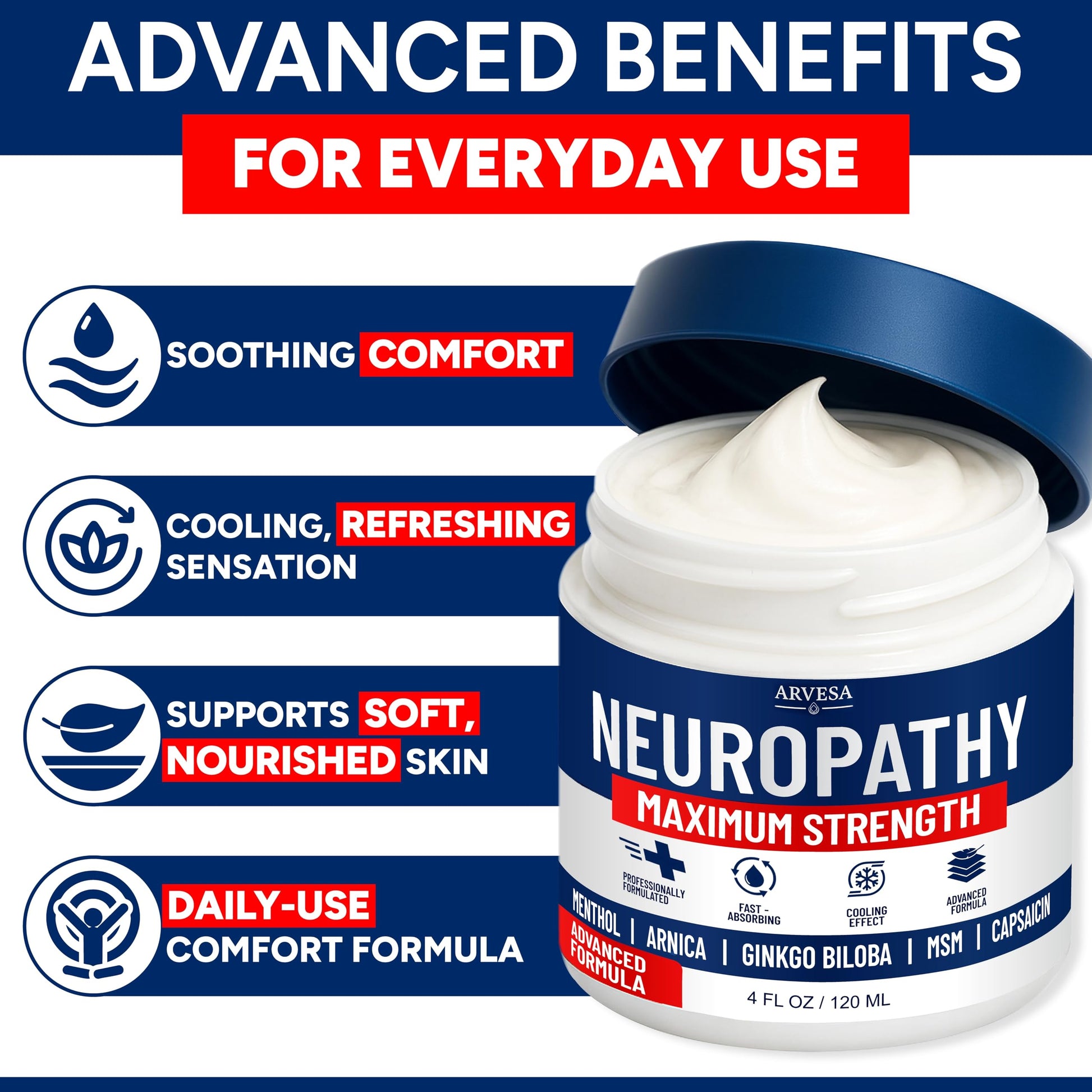 Neuropathy Cream - Maximum Strength - Arnica, MSM, Hemp Seed Oil, Ginkgo Biloba, Capsaicin - Non-Greasy with Cooling Effect - Value Pack - Natural Ingredients - Formulated in USA ArvesaBuy Supplements Australia