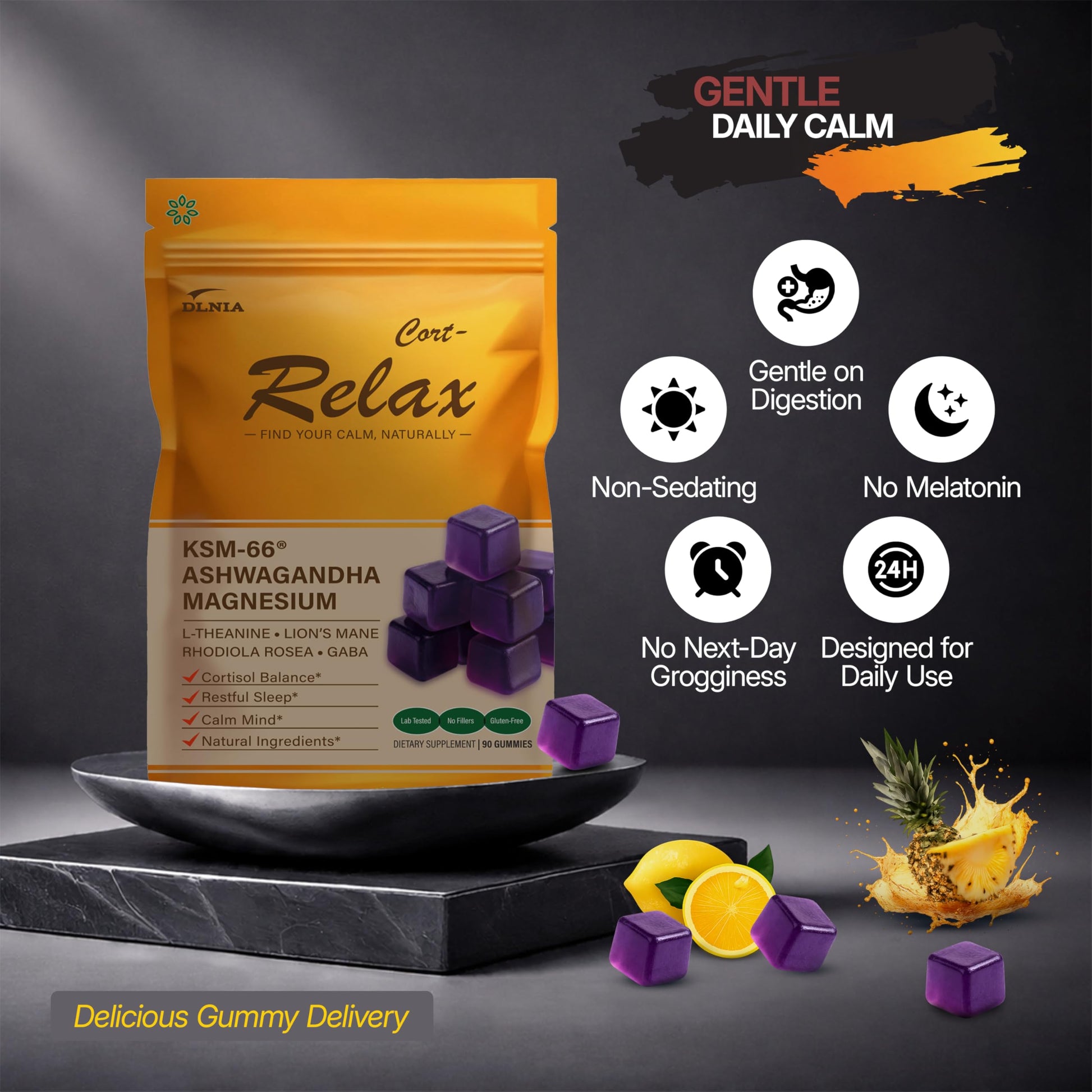 DLNIA Magnesium Glycinate Stress & Cortisol Support Gummies | Calm Focus by Day, Deep Sleep by Night | 17-in-1 with KSM-66® Ashwagandha, L-Theanine & Lion’s Mane DLNIABuy Supplements Australia