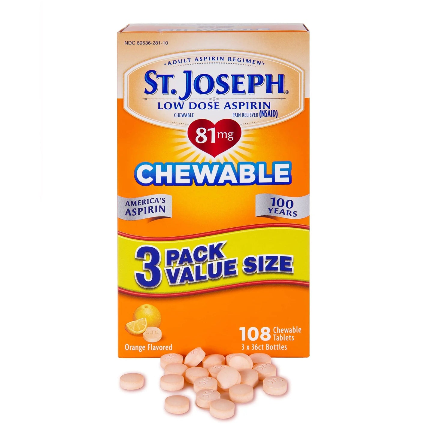 St. Joseph Aspirin Pain Reliever (NSAID) 81mg, Chewable Orange Tablets Adult Low Dose Regimen , 108 ct (3 x 36 ct Tablets per Bottle) St. JosephBuy Supplements Australia