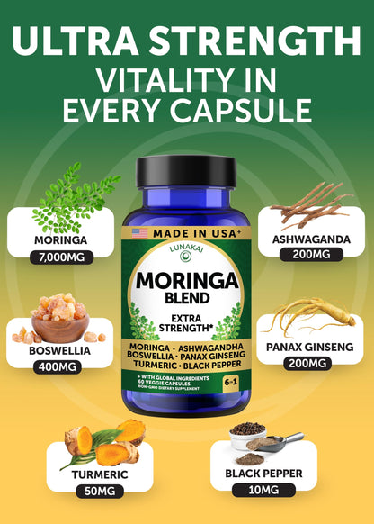 Lunakai USA Made Pure Moringa Capsules – Advanced Moringa Leaf Extract Supplement with Ashwagandha, Boswellia