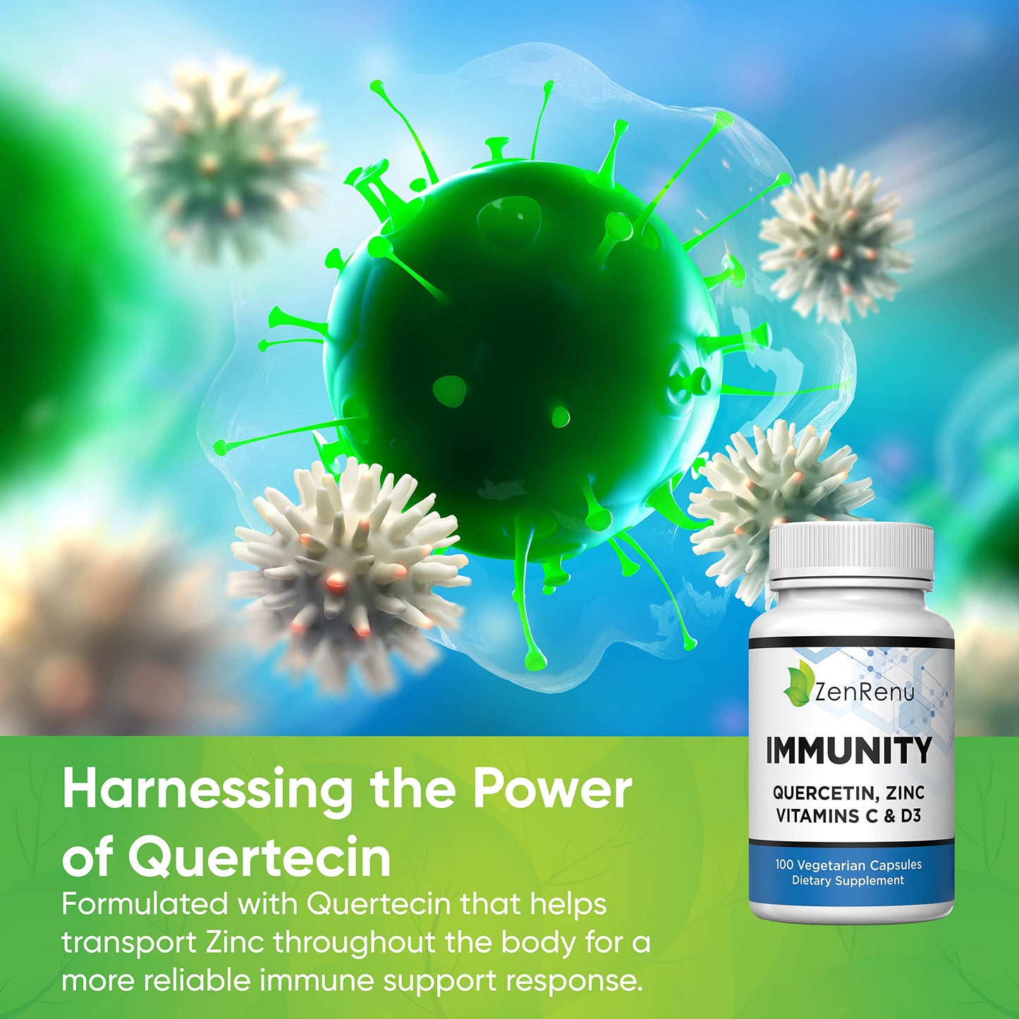 Zenrenu Immunity Quercetin 700 mg Zinc Vitamin C Vitamin D Immune Support Supplement with Curcumin - Easy to Absorb Immunity Supplement, 100 Vegetarian Capsules 50 Day Supply ZenrenuBuy Supplements Australia
