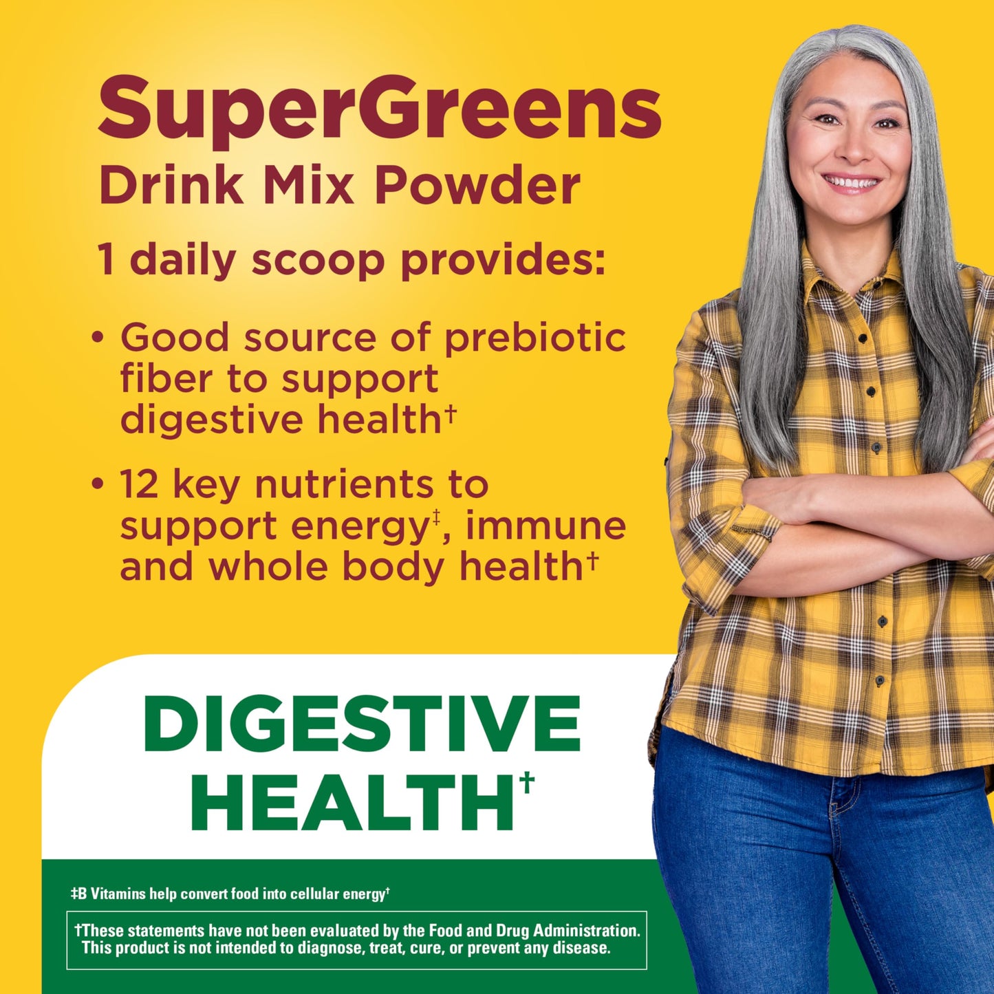 Nature Made Super Greens Powder with Prebiotic Fiber Drink Mix, Made with 1 Cup Veggies Per Serving, Fiber Supplement + Vitamins and Minerals, 25 Day Supply