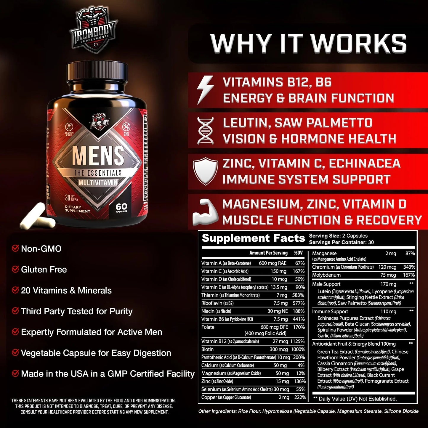 IronBody Supplements, Multivitamin for Men, Vitamins A, B, C, D, E, Zinc. Immune Support, Antioxidant Fruit and Energy Blend. 60 Capsules IronBody SupplementsBuy Supplements Australia