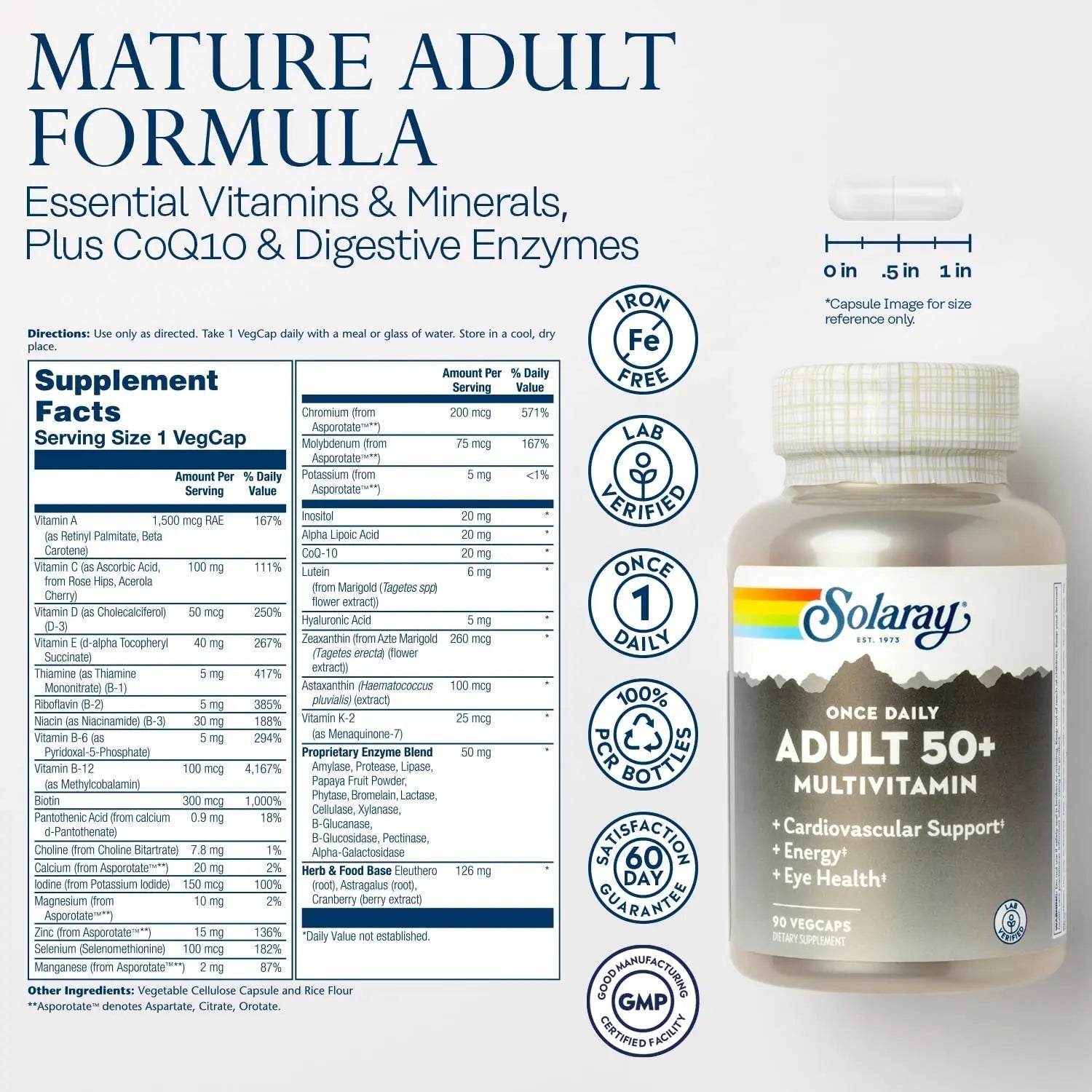 Solaray Once Daily Adult 50+ Complete Multivitamin for Women & Men, Essential Vitamins & Chelated Minerals for Healthy Energy, Heart, Brain & Immune Support SOLARAYBuy Supplements Australia