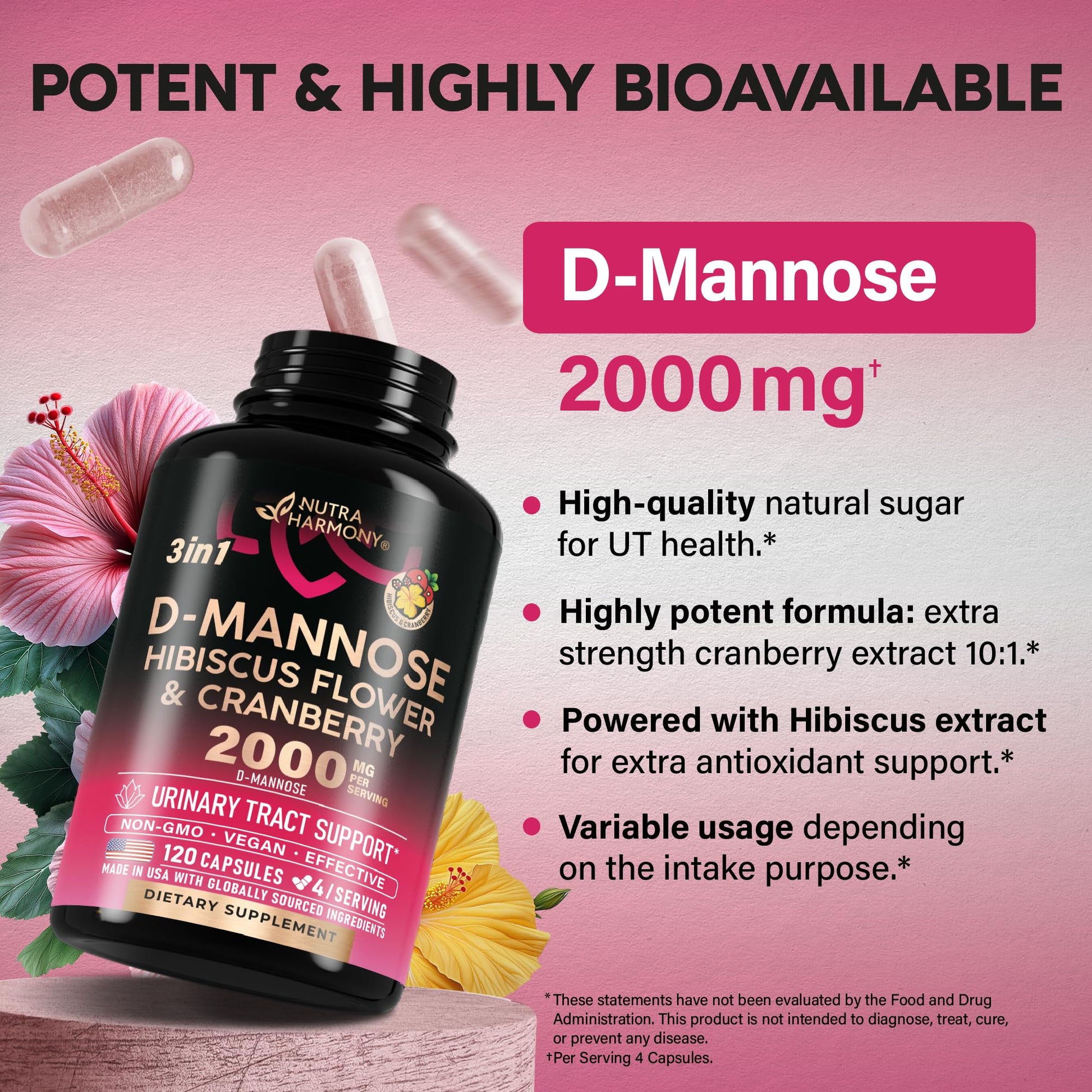 D-Mannose 2000mg with Cranberry & Hibiscus - Clinically Tested Strength for Urinary Tract Health - Supplement for Women - Bladder, Liver & Microflora Support - Made in USA - Vegan, 120 Capsules NUTRAHARMONYBuy Supplements Australia