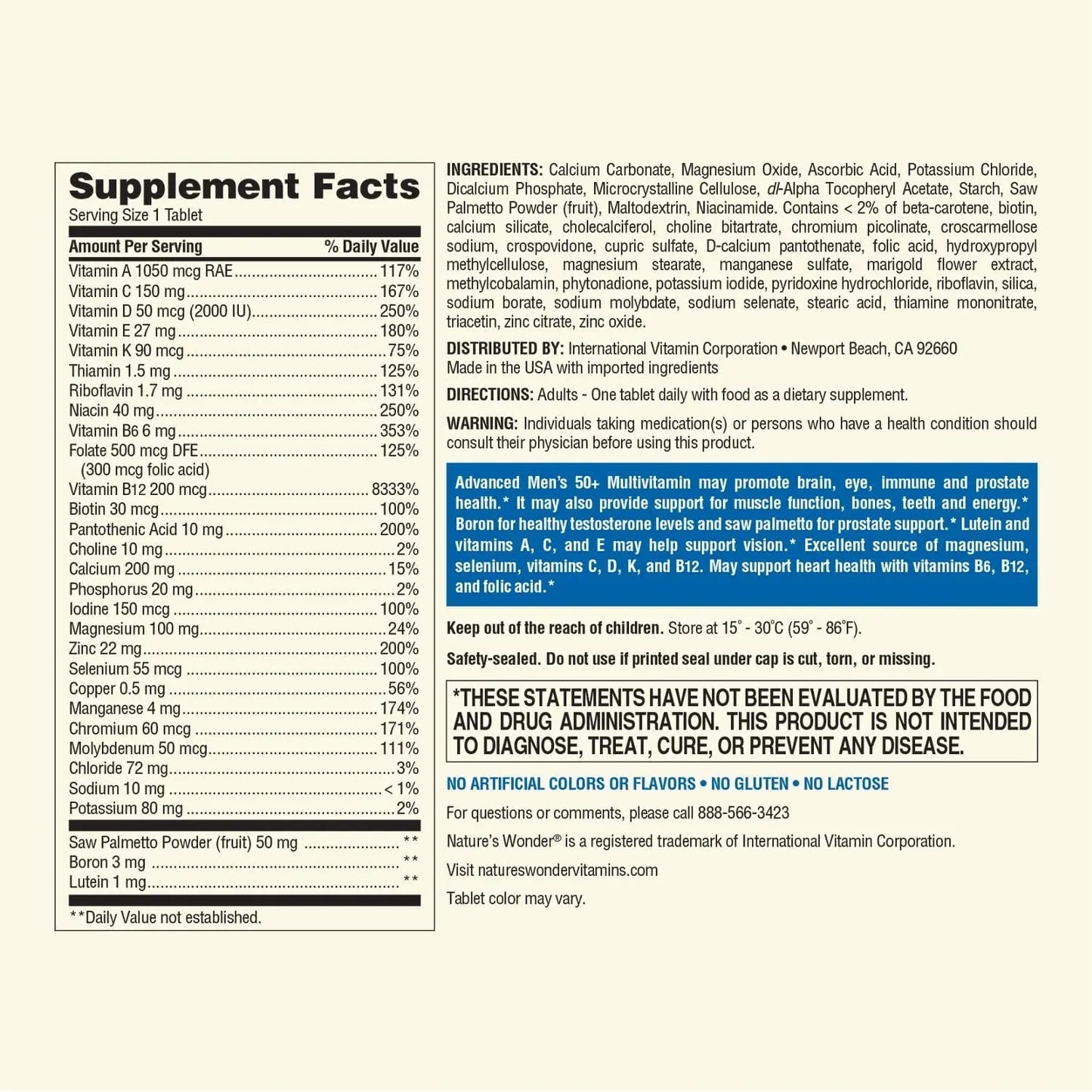 Nature's Wonder Advanced Men's 50+ Multivitamin/Multimineral Supplement with Vitamin D3 and B Vitamins 120 Tablets, 120 Day Supply Nature's WonderBuy Supplements Australia