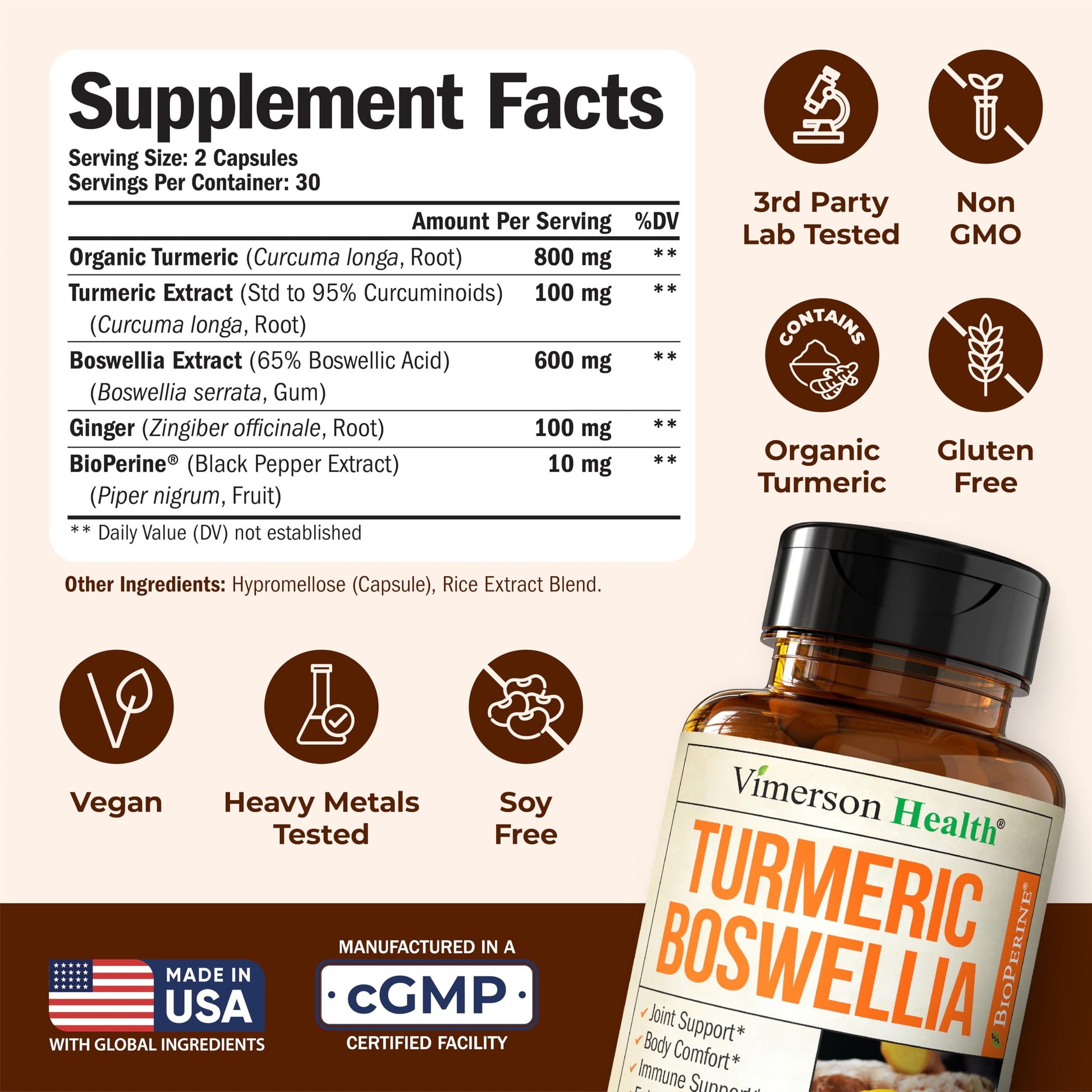 Turmeric Supplement w/Boswellia Serrata – Daily Support for Joint Health & Comfort – Organic Turmeric Curcumin Powder, Bioperine for Enhanced Absorption & Ginger Root – 60 Boswellia Extract Capsules Vimerson HealthBuy Supplements Australia