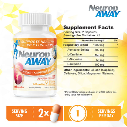 NeuropAWAY Kidney Support Formula Sugar Free with Agmatine Sulfate 500mg L-Novaline 50mg L-Ornithine 150mg L-Citrulline 100mg Per Capsule 90CT Fast Acting Kidney Support NeuropAWAYBuy Supplements Australia