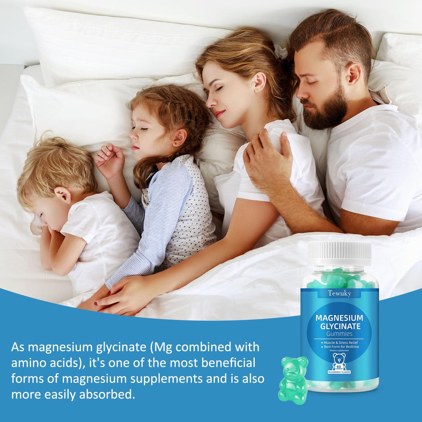 Magnesium Glycinate Gummies 500mg, Sugar-Free for Adults & Kids, Magnesium Gummies for Sleep, Stress & Muscle Relief, Supports Bone & Nerve Health,