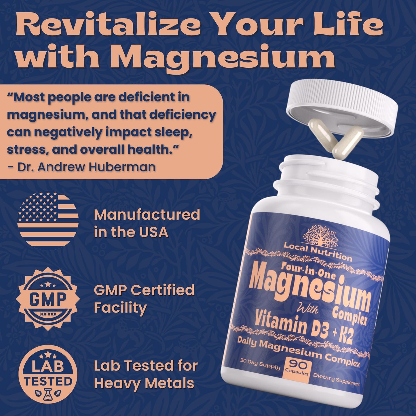 Local Nutrition Magnesium Complex 420mg with Vitamin D3 K2 - Four Bioavailable Forms Including Bisglycinate (Glycinate), Malate, Taurate, and Chloride