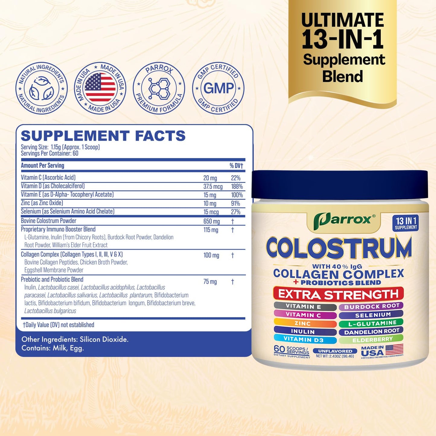 Parrox Colostrum Powder with 40% IgG, Collagen, Probiotics, Burdock Root, L-Glutamine, Elderberry, Vitamin C, Vitamin E, Vitamin D3, Inulin, Selenium, Dandelion Root, Zinc, 60 Servings (Unflavored) ParroxBuy Supplements Australia