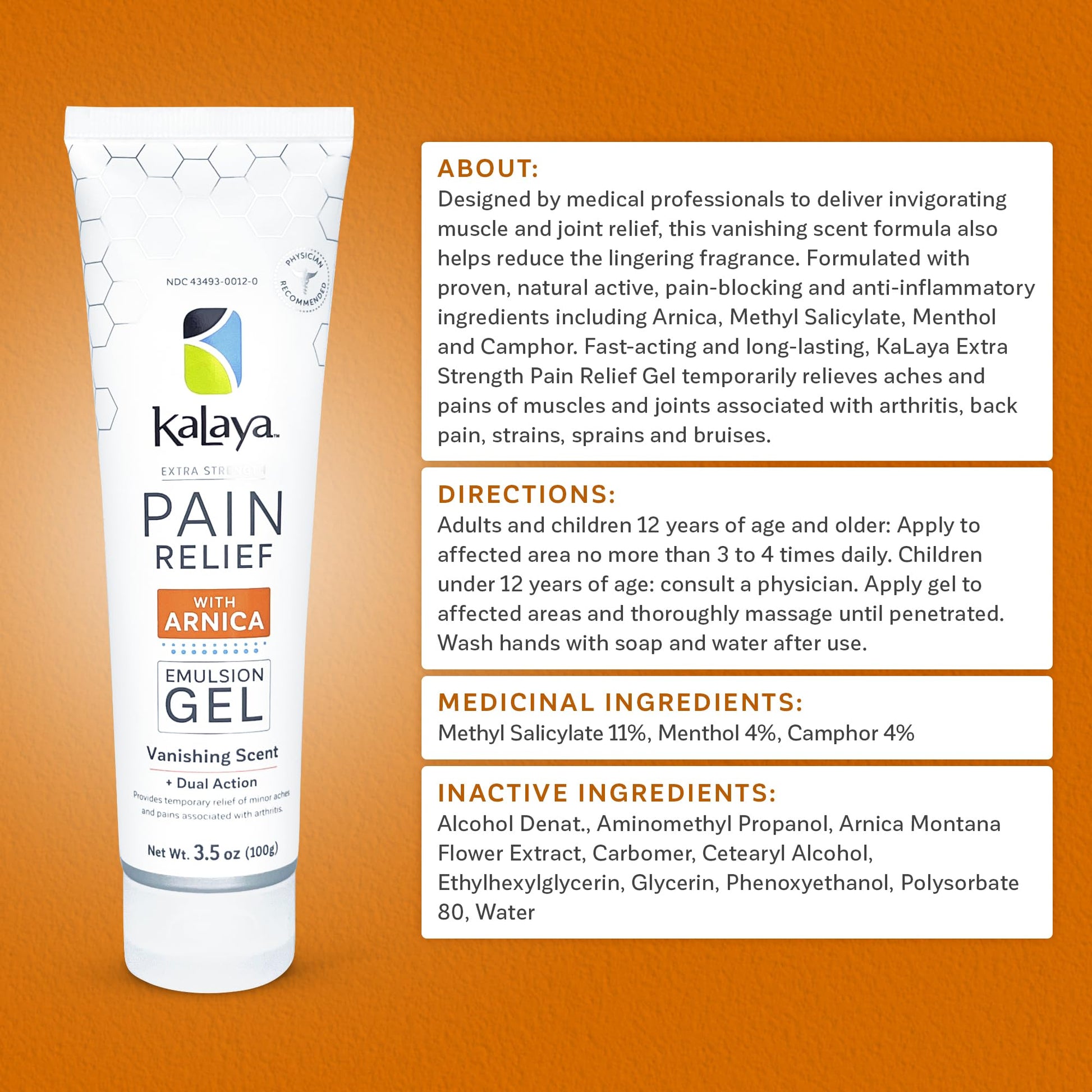Kalaya Extra Strength Pain Relief Gel with Arnica -Fast Acting, Long Lasting, Vanishing Scent, medically formulated for Arthritis, Joints, Muscle, Back, Neck, Shoulder, Hand and Knee Pain Kalaya NaturalsBuy Supplements Australia
