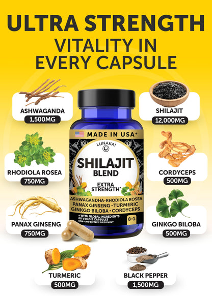 Lunakai USA Made Pure Shilajit Capsules with Ashwagandha, Rhodiola & Cordyceps - Extra Strength Shilajit Extract for Men & Women, 60ct LunakaiBuy Supplements Australia
