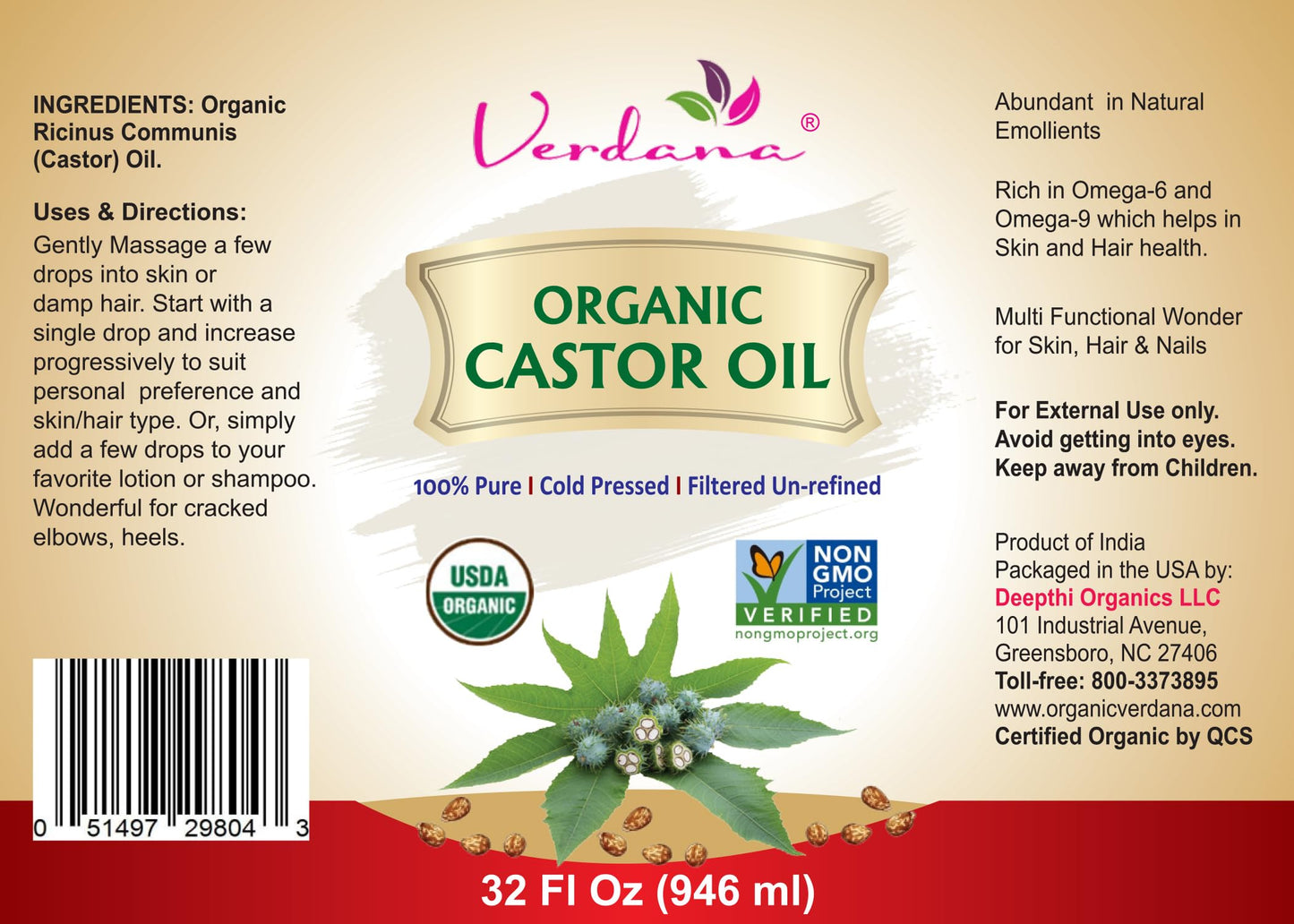 Verdana Organic Castor Oil – USDA Certified Organic – Cold Pressed, Unrefined, 100% Pure and Hexane VerdanaBuy Supplements Australia
