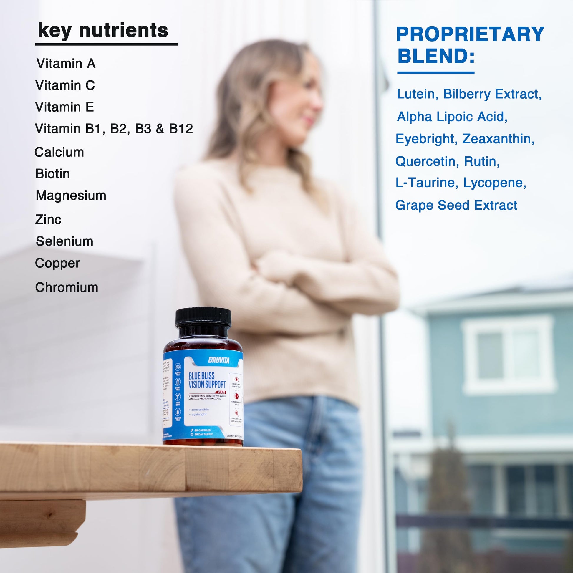 Blue Bliss Vision Support - Eye Vitamins with Lutein, Biotin, Bilberry and Zeaxanthin - Vitamin Supplement for Vision Health and Preservation for Adults Seniors 60 Veggie Capsules 30 Day Supply DruvitaBuy Supplements Australia