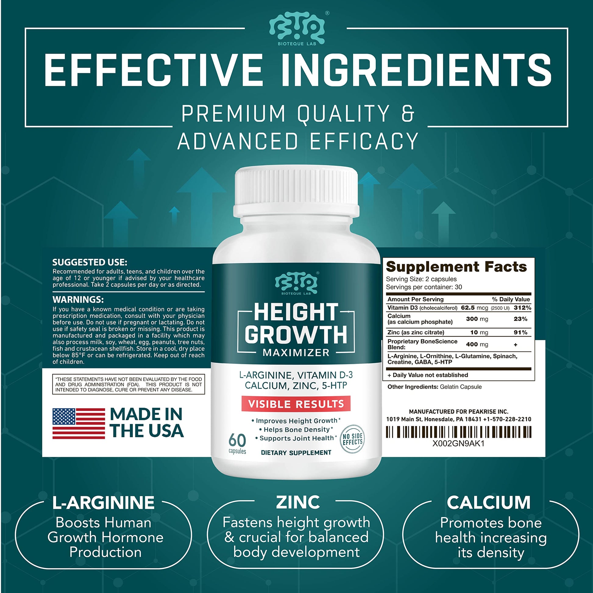 BIOTEQUELAB Height Growth Maximizer, Calcium, Vitamin D3 and Zinc Blend Pills, Bone Growth Supplement for Kids and Teens, Bone Strength, Density Support, GMO-Free, Gluten-Free, Made in USA, 60 Caps BTQ BIOTEQUE LABBuy Supplements Australia
