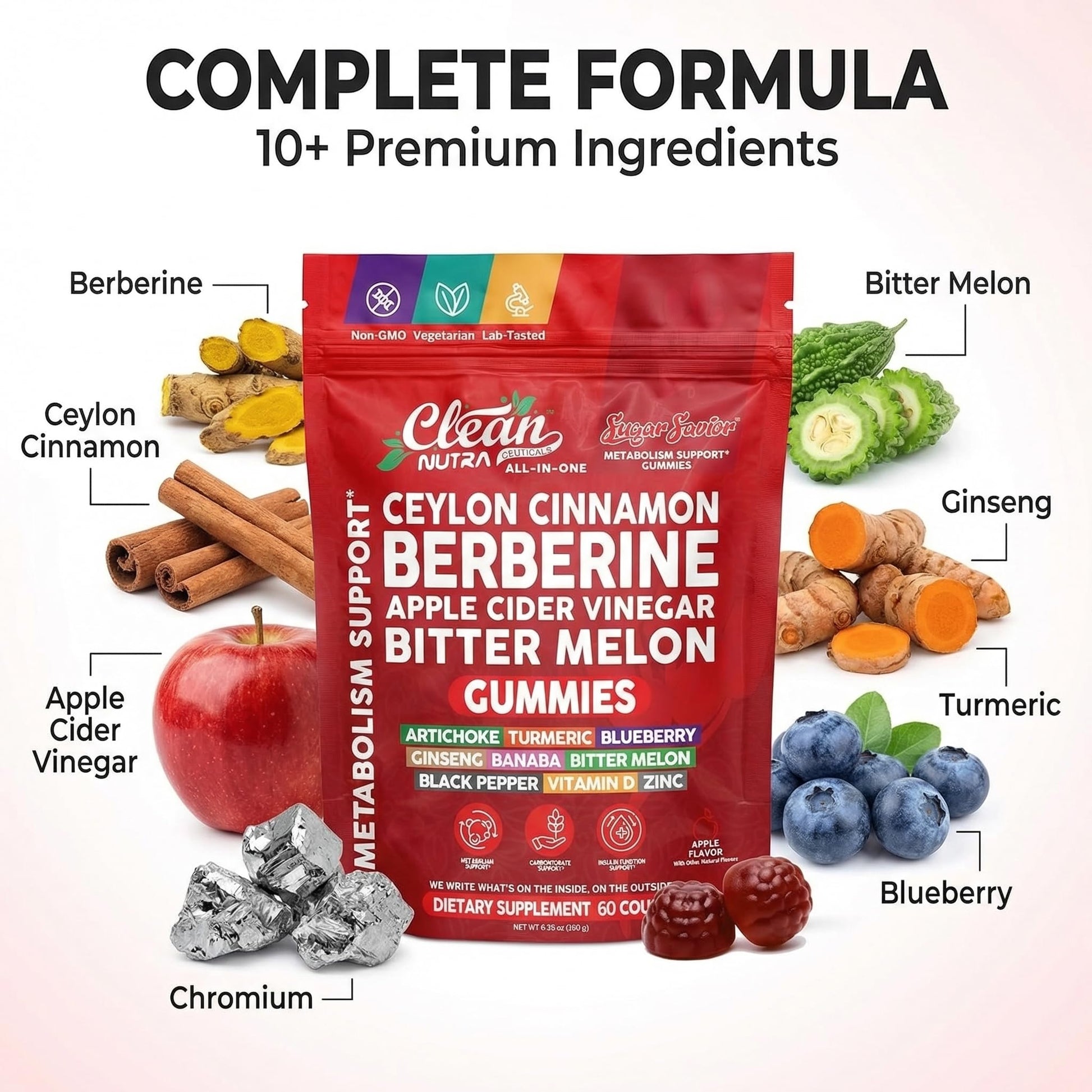 Sugar Savior Ceylon Cinnamon Berberine Gummies Apple Cider Vinegar Artichoke Turmeric Blueberry Ginseng Banaba Bitter Melon Black Pepper Vitamin D Zinc GLP1 Gummies 60 Count by Clean Nutra Clean NutraceuticalsBuy Supplements Australia